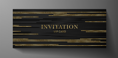 Wall Mural - Luxury VIP invite card template with gold lines on black background. Deluxe golden pattern useful for premium formal design: lux Gift certificate, exclusive Voucher, rich Invitation card