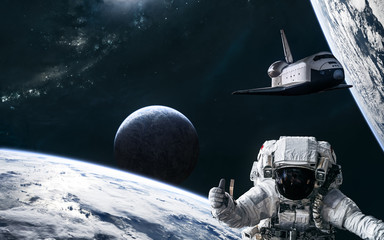Wall Mural - astronaut, space shuttle, planets in deep space against backdrop of spiral galaxy. science fiction. 