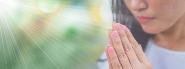 Close up of woman hands pray at home, Pray to God with blank space for text.