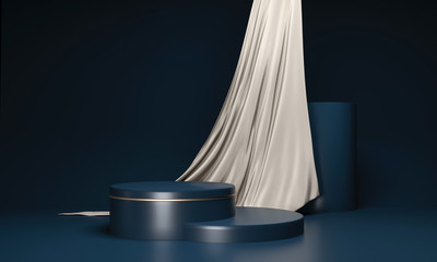 Round podium on dark blue background. Elegant silk fabric flow, falls to surface. 3d render illustration. Empty pedestal, stand for mockup products. Copy space on delicate gold luxurious satin 