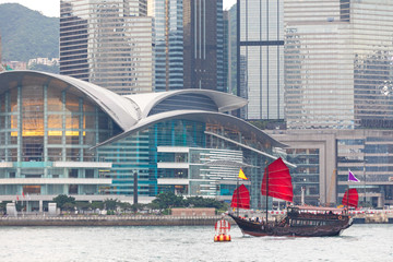 Wall Mural - Expo Centre Junk Boat Victoria Harbour Hong Kong