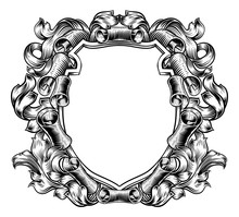 A Coat Of Arms Crest Scroll And Leaves Vintage Medieval Style Family Heraldic Shield Decorative Background Frame.
