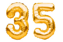 Number 35 Thirty Five Made Of Golden Inflatable Balloons Isolated On White. Helium Balloons, Gold Foil Numbers. Party Decoration, Anniversary Sign For Holidays, Celebration, Birthday, Carnival