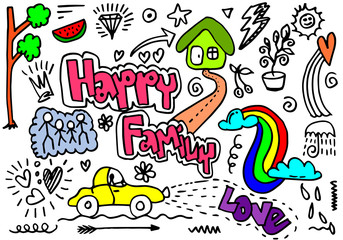 Set of cute and colorful doodle hand drawing on white background