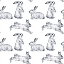 Funny Bunnies. Pencil Drawing Seamless Pattern. Design For Wallpaper, Fabric, Textile, Paper, Packaging, Textile For 