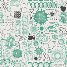 Vector Seamless Pattern On The Theme Of Chemistry, Biology, Genetics, Medicine. Abstract Background With Hand-drawn Sketches In Retro Style. Suitable For Wallpaper, Wrapping Paper, Fabric