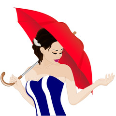 Girl holds a red umbrella. Vector art