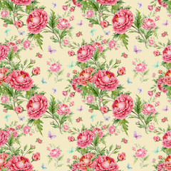   Seamless watercolor pattern with roses and butterflies