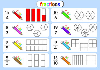 mixed number, improper fractions, color the shape to show the fraction, educational, color the parts