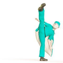 super doctor cartoon in fighter pose  in white background with copy space