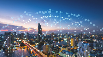 Wireless network technology and Connection concept, Network on city background