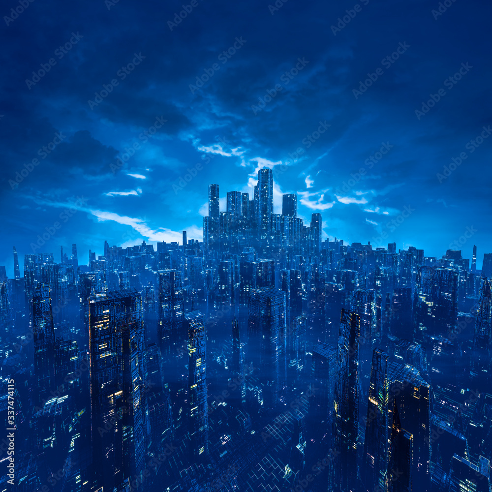 Metropolis of the future / 3D illustration of dark futuristic science fiction cyberpunk city under cloudy night sky - obrazy, fototapety, plakaty 