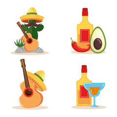 Canvas Print - Mexican cactus guitar hat tequila bottle chilli avocado and cocktail design, Mexico culture tourism landmark latin and party theme Vector illustration