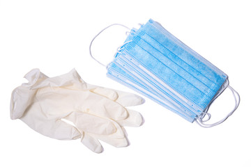 Medical equiment, mask and gloves on white background.