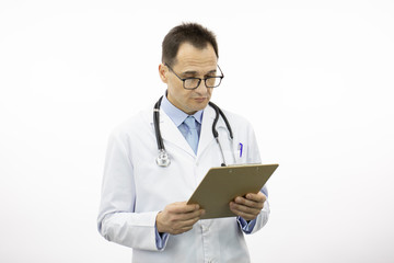 Poster - Handsome male senior age doctor in white coat and stethoscope seriously looking on clipboard with patient's medical diagnosis on isolated white background. Copy space. Health and medical concept