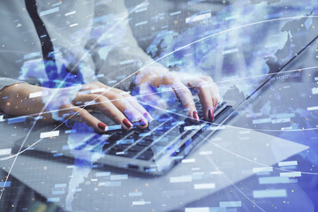 Fototapete - Multi exposure of woman hands working on computer and data theme hologram drawing. Tech concept.