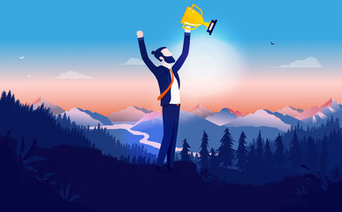 Aufkleber - Successful winner with trophy in hand - Modern business man standing in sunlight in nature, raising hands, cheering. Career, success, business goals concept. Vector illustration.