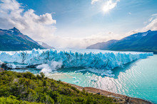 Ice Collapsing Into The Water At Perito Moreno Glacier In Los Glaciares National Park Near El Calafate, Patagonia Argentina, South America.