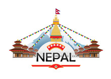 Logo Of Boudha Stupa With Chains Of Prayer Flags Connecting To Buildings From Durbar Square With Nepal Flag On The Top Of Mount Everest In The Background