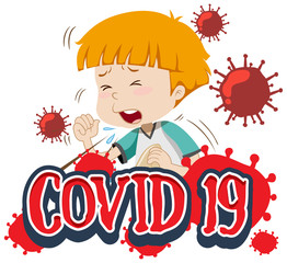 Poster - Font design for word covid-19 with boy coughing