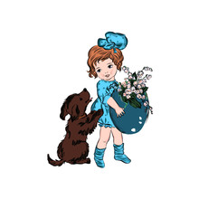 Vintage Girl With Easter Eggs With Lilies Of The Valley. Cute Child In Dress And Dog. Clip Art. Spring Religious Holiday. Hand Drawn Retro Clip Art.