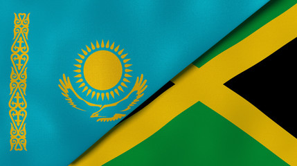 The flags of Kazakhstan and Jamaica. News, reportage, business background. 3d illustration