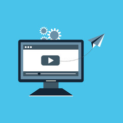 Poster - Video marketing concept. Monitor computer and icon video player