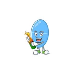 Wall Mural - Mascot cartoon design of blue capsule making toast with a bottle of beer