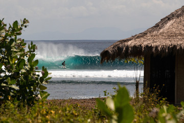 Wall Mural - man surfing in sea with thatched hut in foreground