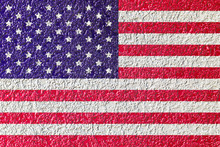 Abstract Image Of USA Flag On Rough Colorful Cement Plaster Wall Texture Background.