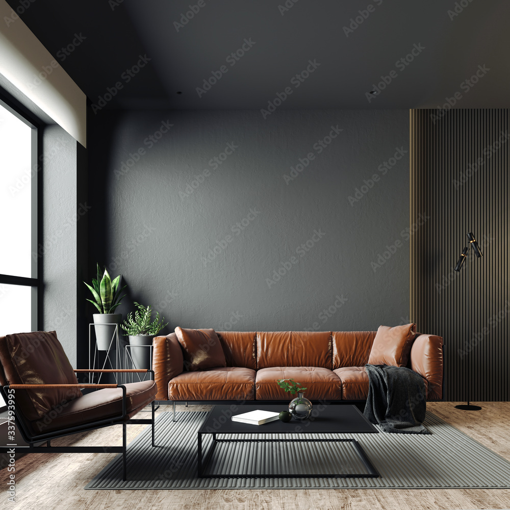 3d render of beautiful interior with dark  gray walls - obrazy, fototapety, plakaty 