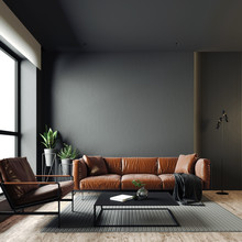 3d Render Of Beautiful Interior With Dark  Gray Walls