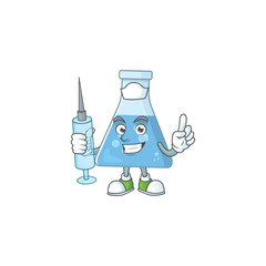 Canvas Print - Friendly Nurse blue chemical bottle mascot design style using syringe