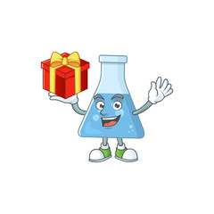 Sticker - Charming blue chemical bottle mascot design has a red box of gift