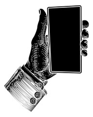 Sticker - A hand holding a mobile phone in a business suit in a vintage old woodcut etching style