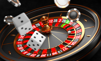 Wall Mural - Casino background. Luxury Casino roulette wheel on black background. Online casino theme. Close-up white casino roulette with a ball, chips and dice. Poker game table. 3d rendering illustration.