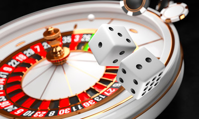 Casino background. Luxury Casino roulette wheel on black background. Online casino theme. Close-up white casino roulette with a ball, chips and dice. Poker game table. 3d rendering illustration.