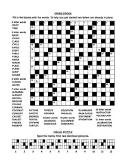 Puzzle page with 19x19 criss-cross (fill-in) crossword word game (English language) and abstract visual puzzle: Spot the twins: find two identical pictures.