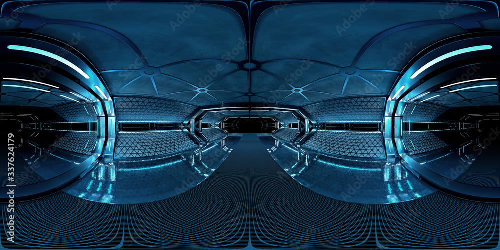 High resolution HDRI panoramic view of dark spaceship interior. 360 panorama reflection mapping of a futuristic spacecraft room 3D rendering - obrazy, fototapety, plakaty 
