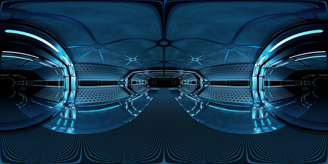 Leinwandbilder - High resolution HDRI panoramic view of dark spaceship interior. 360 panorama reflection mapping of a futuristic spacecraft room 3D rendering