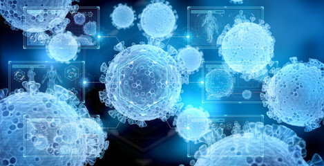 Poster - Wireframe hologram microscopic close-up of the covid-19 disease. Coronavirus illness spreading in body cell. 3D renderinganalysis on microscope level 3D rendering
