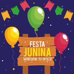 Canvas Print - festa junina poster with balloons helium and decoration vector illustration design