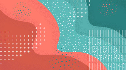 Poster - Abstract pop art color background with dark red, orange and green waves. Geometric forms with line and dots in memphis style vector illustration.