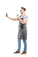 Poster - Portrait of male hairdresser on white background