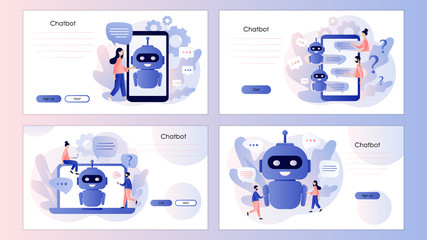 Poster - Chatbot concept. AI robot assistant, customer support. Screen template for mobile smart phone, landing page, template, ui, web, mobile app, poster, banner, flyer. Modern flat cartoon style. Vector