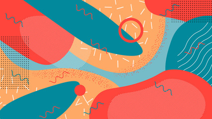 Poster - Abstract bright colorful memphis art background. Geometric wallpaper with circle, dots and wavy line vector illustration.