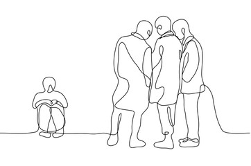 Drawing of a crowd and a lonely person. One continuous line art illustration of a single man sitting alone next to an enthusiastic crowd of standing guys who do not pay attention to him. For animation