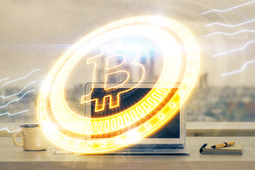 Double exposure of blockchain and crypto economy theme hologram and table with computer background. Concept of bitcoin cryptocurrency.