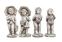 Plaster Classic Garden Figure Isolated On White: A Set Of Four Different Figures