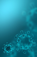 Covid-19, abstraction background with elements of the virus. The epidemic of viral diseases. Micro organisms, macro, 3d illustration. Pandemic, medical.